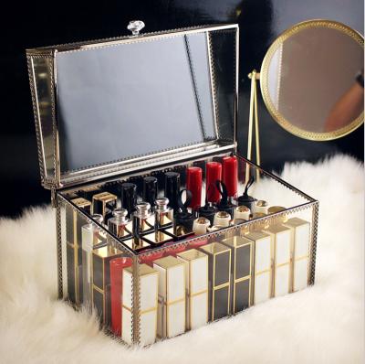 China New Viable Luxury Clear Gold Glass Vanity Holder Make Up Cosmetic Case Storage Box Lipstick Organizer for sale