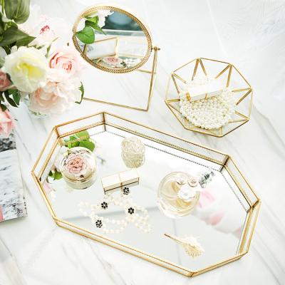 China Fashion Design Serving Serving Tray Cosmetic Copper Gold Copper And Jewelry Glass Glass Mirrored Tray for sale