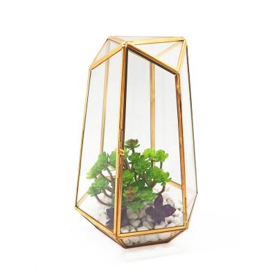 China Factory Wholesale New Designs Minimalist Indoor Decorative Gold Mini Greenhouse Geometric Glass for sale