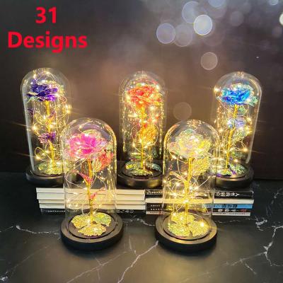 China 24k Gold Foil Rose Flower Artificial Gold Foil Galaxy Rose Flower with Dome String and LED Light for Valentine Day Mothers Day Gifts for sale