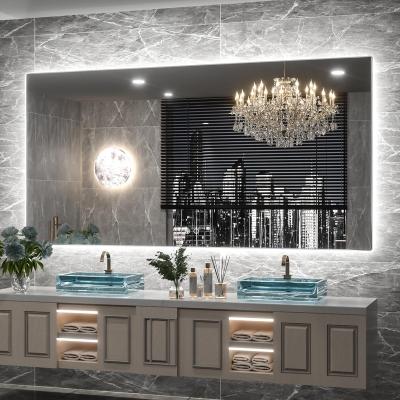 China Modern Touch Screen Illuminated Backlit Lead Bath Mirror Smart Fog Light Wall Mounted Rectangle Bathroom Vanity Glass Mirror With Led Light for sale