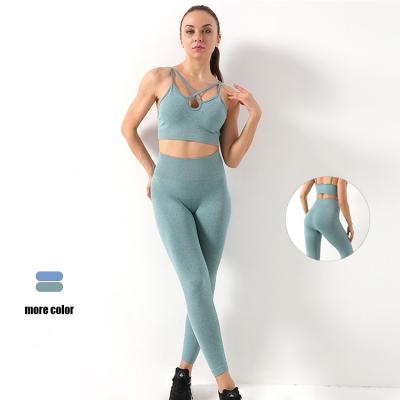 China 2022 Summer Gym Fitness Yoga Breathable Breathable Sets Cross Lace Up Yoga Bra Pants Waist Yoga Top And for sale