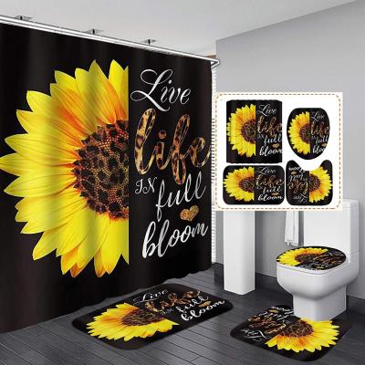 China Sustainable Wholesale Custom Rust Resistant Thick Sunflower Shower Curtain With Hooks Bathroom 4 Pieces Set for sale