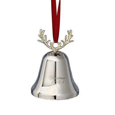 China Christmas Day Decoratiom Antler Handle Engraved Ornaments 2023 , Silver Antler Bell Christmas Ornaments With Red Tie Hanging Ribbon For Christmas Tree for sale