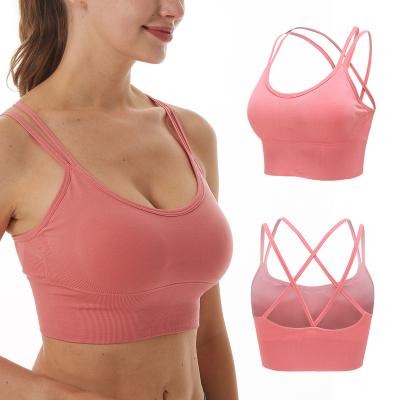 China Breathable Strappy Yoga Sports Bra For Women Criss Cross Back ODM Stock Top Fitness Gym Medium Support Workout Bra Custom Sportswear for sale