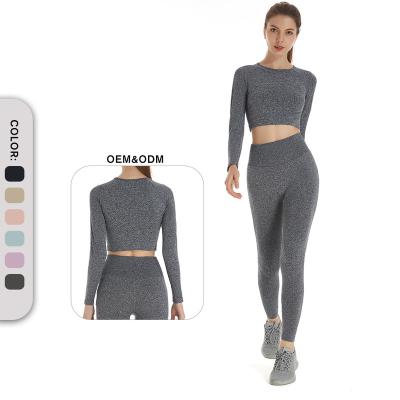 China Breathable Women Ribbed Long Sleeve Crop Top High Waist Leggings Sports Wear Yoga Set Sport Suit Workout Clothes Seamless Fitness Gymwear for sale