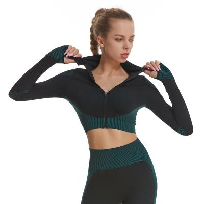 China 2021 Wholesale Women's Crop Tops Breathable Seamless Sports Yoga Clothing Long Sleeve Jacket Gym Fitness Workout Running With Zipper Coat for sale