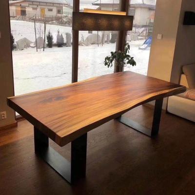 China Modern Natural Solid Wood Dining Table with Metal Legs Live Edge South American Walnut Black Slab Table in Running Oven-Dried Wood Slabs for sale