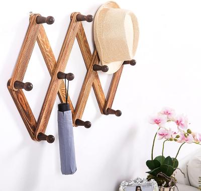 China Burnt Wood Wall Mounted Expanding Accordion 10 Hooks Cheap and Useful Peg Coat Rack Hanger for Entryway, Mudroom or Garage for sale