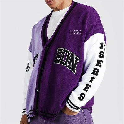 China Custom OEM Block Warm Purple College Color Anti-wrinkle Fall Oversized Cardigan Sweater For Men for sale