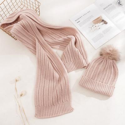 China Fur pom pom fashion women winter hat acrylic knitted warm scarf set beanie fur pom pom beanies scarf wholesale for sale