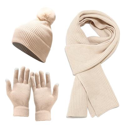 China Winter Ribbed Touch Screen Beanie And Scarf Sets Women Fur Pom Pom Hats Touch Screen Gloves And Scarves Sets Knitted Hat With Scarf for sale