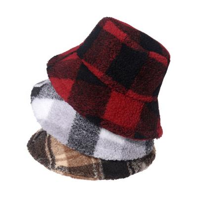 China Plaid pattern winter berber shear classic unisex warm bucket hat plaid plush furry bucket hats women for sale