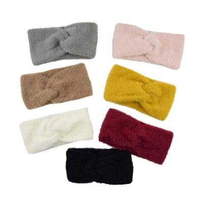 China Wholesale Warm Fluffy Plush Cross Knot Fashion Fluffy Elastic Headband For Women for sale