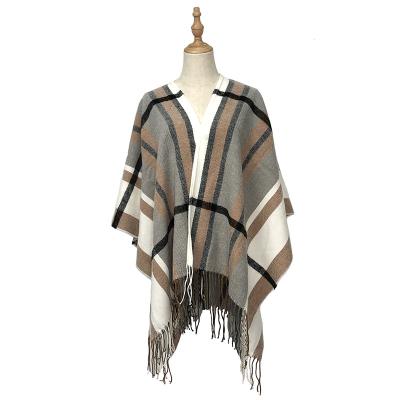 China Check plaid twisted fringe fashion unisex black camel big check white plaid twisted fringe cape ladies poncho winter shawl for sale