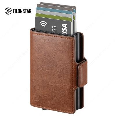 China Anti Theft Rfid Noise Blocking Minimalist Aluminum Leather Credit Card Holder Stand Up Wallet for sale