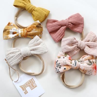 China 2023 Wholesale New Arrival Muslin Baby Newborn Headband Set Print Custom Muslin Rabbit Toddler Hair Accessories Elastic Bows For Girls for sale