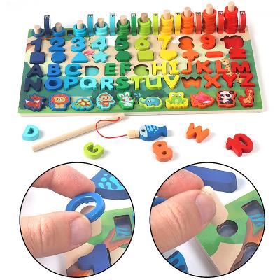 China Montessori Eco-Friendly Material 6 in 1 Logarithmic Dish Toy Educational Toys Learning Geometric Wooden Shapes Fish Numbers Matching Board for sale