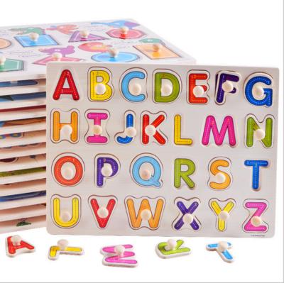 China 100% Eco-Friendly Wooden Capital Kids Alphabet Hand Grip Early Education Letters Puzzle Block Board Puzzles For Kindergarten Preschool Toddlers for sale