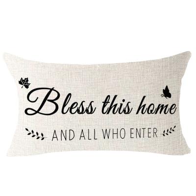 China Customizable Viable Family Love Bless This Cushion Home Canvas Linen Cover Tile Cotton Lumbar Pillow Case 12 x 20 inch for sale