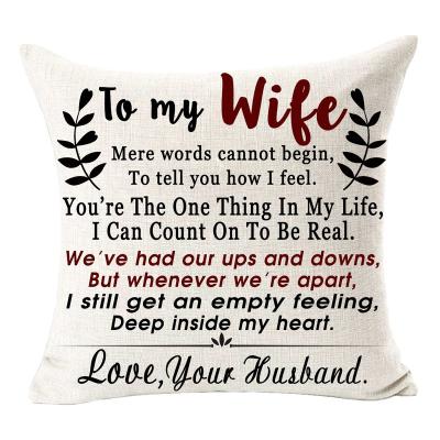 China Customizable Viable To My Wife Love Your Husband Cotton Tile Cushion Cover Square Linen Pillow Case 18 x 18 inches for sale