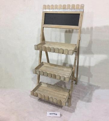 China Floor 3 Tier Outdoor Wooden Flower Pot Shelf Wooden Display Stand With Blackboard for sale