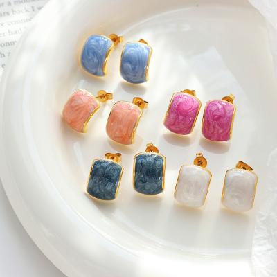 China Vintage Summer Trendy 18k Gold Plated Geometric Colorful Stainless Steel Enamel Stud Earrings For Women for sale