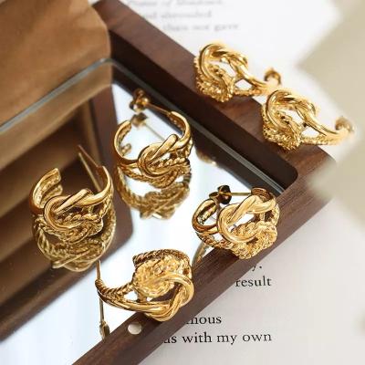 China Real Vintage 18k Gold Plated Stainless Steel Geometric CC Shaped Waterproof Twist Earrings For Women for sale