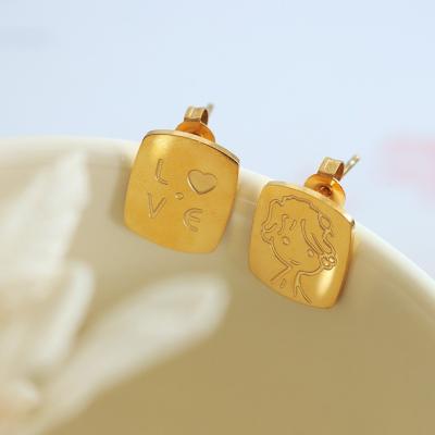 China Korean Vintage Creative Square Earrings For Women Little Boy Portrait 18k Gold Stainless Steel Irregular Earrings for sale