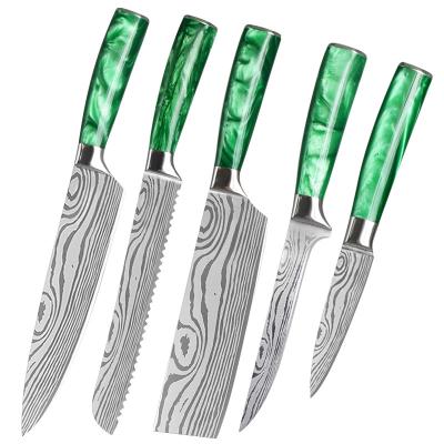 China Viable Hot Sale OEM Amazon Logo 5 Pcs Resin Handle Green Laser Damascus Chef Knives Set In Black Color Gift Box Magnetic Kitchen Knife for sale