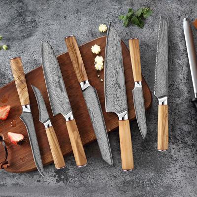 China Excellent Viable Good Quality Custom Logo Real 67 Layer Damascus Steel Chef Peeling Japanese Bread Knives Wood Handle Knife Set for sale