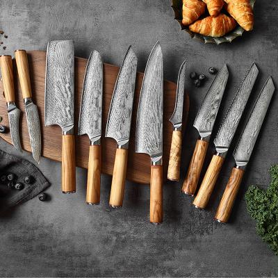 China Workable Logo OEM Popular German Amazon Steel Japanese 10 Pieces Cooking Knives Kitchen Knife Sets With Wood Handle Damascus Knife Set for sale