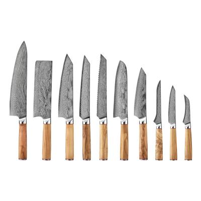 China Viable Hot Sale 10 Pcs Damascus German Steel Kitchen Knife With Olive Handle Master Chef Solid Wood Professional Knives for sale