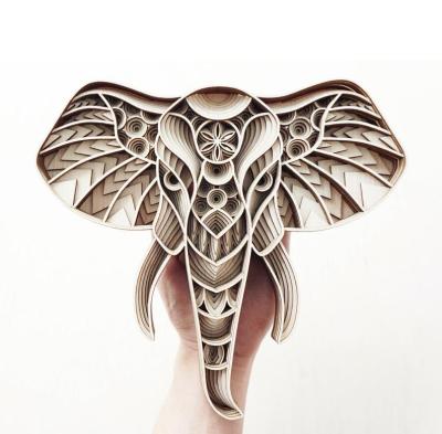 China Europe Customize 3D Multi Layer Wood Craft Home Decoration Elephant Laser Cut Wood Wall Art for sale