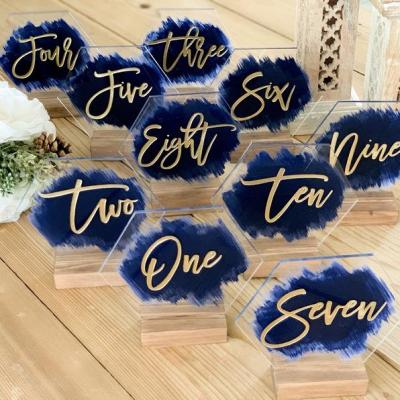 China Wedding Decorative Wedding Table Painted Back Acrylic Hexagon Table Number Holder for sale