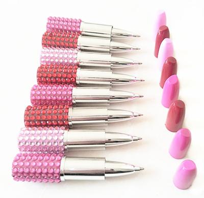 China New School Lipstick Creative Rhinestone Shape Stationary Ballpoint Pen for sale