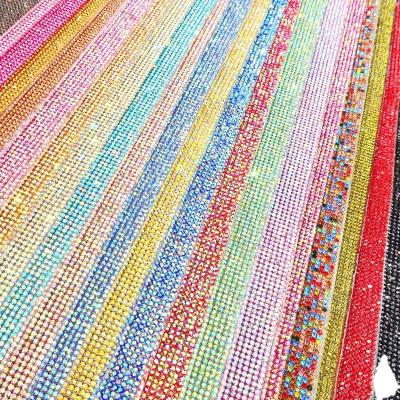 China Chiffon Ribbon Embroidery On Sheet Cheap Self Adhesive Hot Fix Faux Stone Mesh Fabric Pointback Rhinestone Adhesive Mesh For Garment Decoration for sale