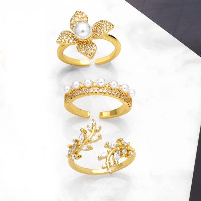 China TRENDY Shily & OS New Fashion Simple Instagram Cool Wind Zircon Pearl Ring Female Leaf Flower Ring for sale