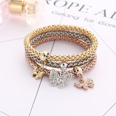 China Hiphop Hot Sale Shily & Os Simple 3 Pcs Crystal Butterfly Popcorn Elastic Bracelets Set Heart Lock Charm Bracelet For Women for sale