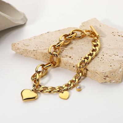 China Hiphop Shily & Os Cuban Oval Chain Double Heart Small Round Zirconium Buckle Ot Bracelet 18k Gold Plated Stainless Steel Bracelet for sale