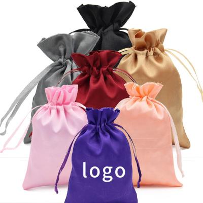 China LOGO Gift Cosmetic Bag Silk Pink Black White Pure Recyclable Satin Pouch Hair Wig Packaging Satin Custom Printing Bag for sale