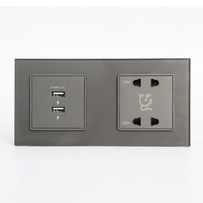 China Gray Tempered Glass Residential/General Purpose Dual USB Charging and 110V 220V Shaver Outlet for Bathroom for sale