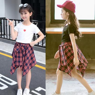 China Fashion Ebay Amazon Kids Korean Hot Sale Summer Love Plaid T-shirt Skirt + Plaid Girls Skirt Set for sale