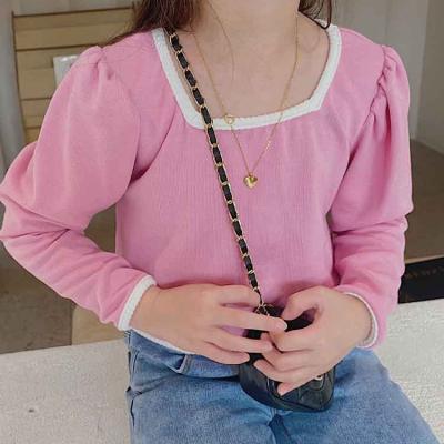 China Autumn style girls French square neck T-shirt baby anti-shrink anti-shrink head retro 3-8 years children's T-shirt for sale