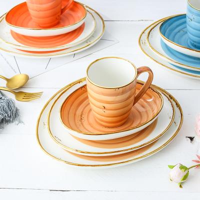 China Viable Wholesale Color Porcelain 4 Pieces Set Ceramic Plate Fashion Household Pasta Bowl Dish Cup Set Tableware for sale