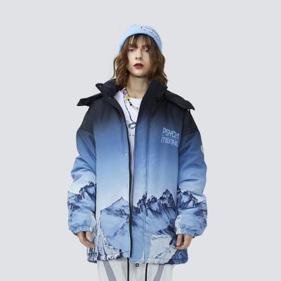 China Winter Outdoor Street Wear Fashion Hooded Thick Warm Women Printing Viable Plus Snow Ski Bomber Men Size Padded Stripper Jacket for sale