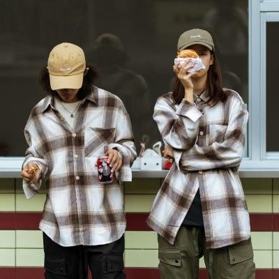 China Best viable selling new canvas streetwear unisex fashion loose fit khaki plaid casual mens custom long sleeved shirts for men for sale