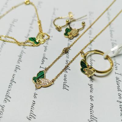 China wholesale Non-fading 4 Pieces Malachite CZ Butterfly Synthetic Jewelry Gold Plated Silver Jewelry Sets For Lady for sale