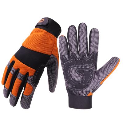 China PRISAFETY Silicone Car Repair Construction Gloves Anti-vibration Orange Palm Anti-Slip Synthetic Leather Gardening for sale