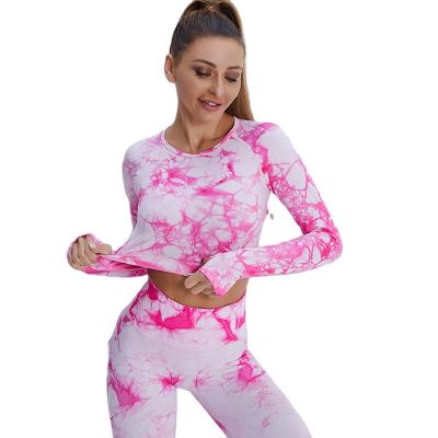 China High Quality Women Compression Slimming Stretch Seamless Around Neck Fitness Clothes Tie Dye Yoga T-shirt Long Sleeve Running Top for sale